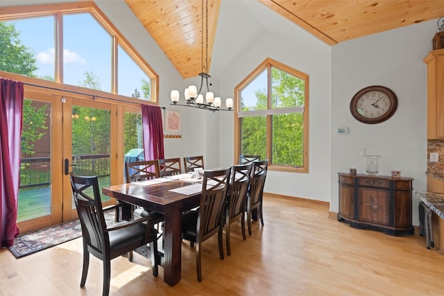 736 Wild Rose Rd, Silverthorne, CO 80498 - dining area with wood ceiling, light wood finished floors, a chandelier, french doors, and high vaulted ceiling