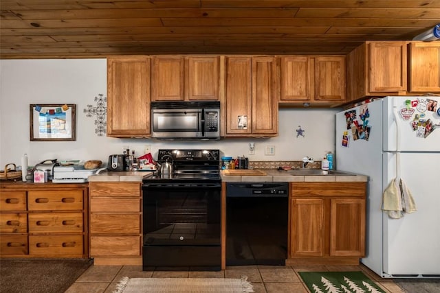 2883 Burgess Creek Rd Unit 101, Steamboat Springs, CO 80487 - kitchen featuring a sink, black appliances, wooden ceiling, tile countertops, and light tile patterned floors