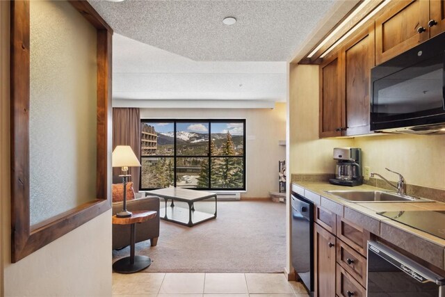 640 Village Rd Unit 4423, Breckenridge, CO 80424 - kitchen featuring light carpet, a textured ceiling, a sink, brown cabinetry, and black appliances