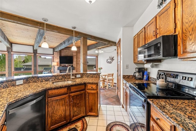 2700 Village Dr Unit C107, Steamboat Springs, CO 80487 - kitchen featuring electric range, black microwave, stainless steel dishwasher, a sink, and light tile patterned flooring