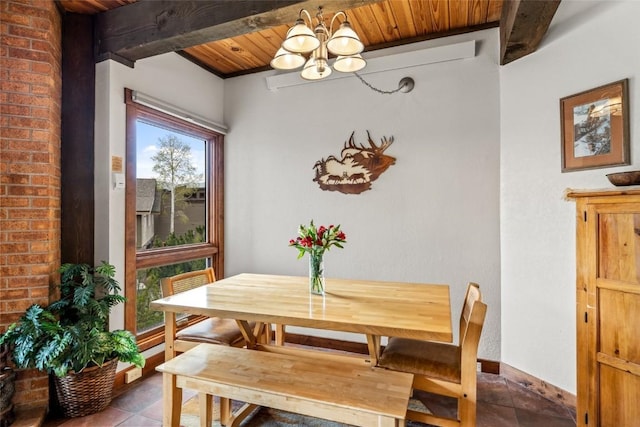 2700 Village Dr Unit C107, Steamboat Springs, CO 80487 - tiled dining area with wooden ceiling with exposed beams and a chandelier