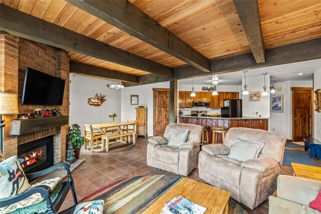 2700 Village Dr Unit C107, Steamboat Springs, CO 80487 - living area with wood ceiling with exposed beams, a fireplace, and a chandelier