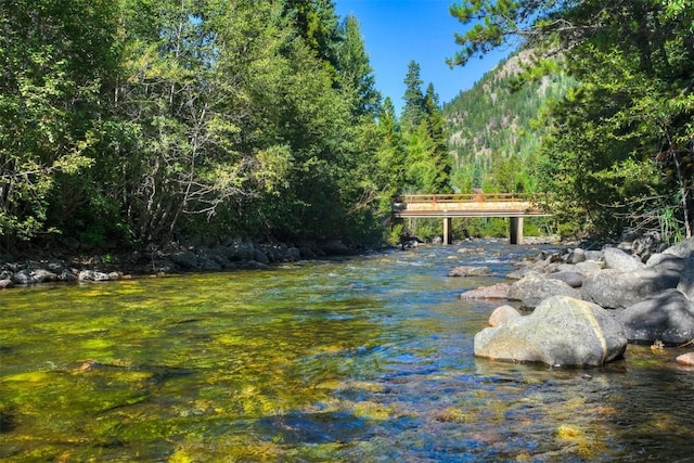view of water feature with a forest view