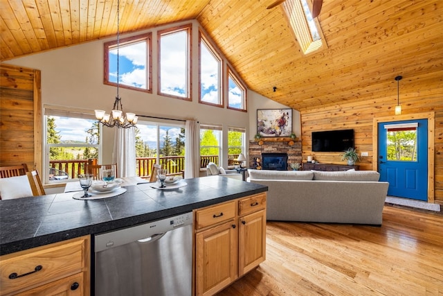 146 Atoka Dr, Como, CO 80432 - kitchen with dishwasher, plenty of natural light, high vaulted ceiling, a stone fireplace, and wood ceiling