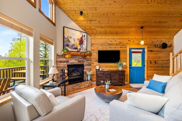 146 Atoka Dr, Como, CO 80432 - living room with wood finished floors, high vaulted ceiling, wooden walls, a fireplace, and wood ceiling