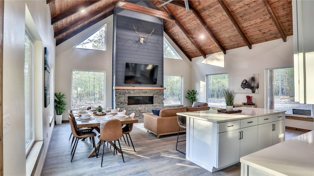 3538 High Creek Rd, Fairplay, CO 80440 - unfurnished living room with high vaulted ceiling, wood ceiling, a wood stove, beamed ceiling, and dark wood finished floors