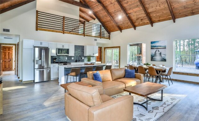 3538 High Creek Rd, Fairplay, CO 80440 - kitchen with a sink, wood ceiling, stainless steel appliances, baseboards, and dark wood-style floors
