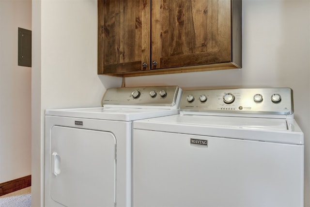 1001 Grandview Dr Unit 22, Breckenridge, CO 80424 - clothes washing area featuring separate washer and dryer, cabinet space, electric panel, and baseboards