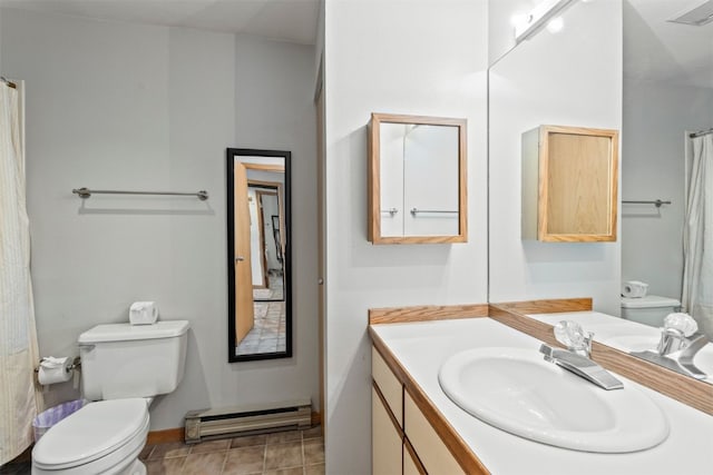 full bath with a baseboard radiator, toilet, vanity, and baseboards
