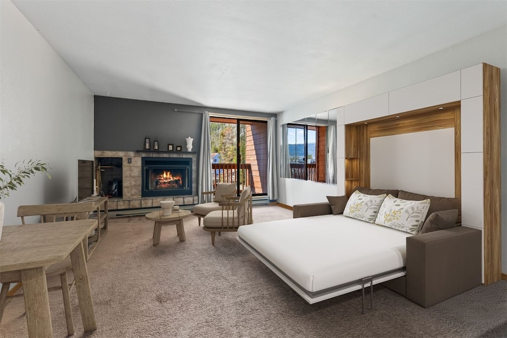 99 Granite St Unit 311, Frisco, CO 80443 - living room featuring light colored carpet and a fireplace