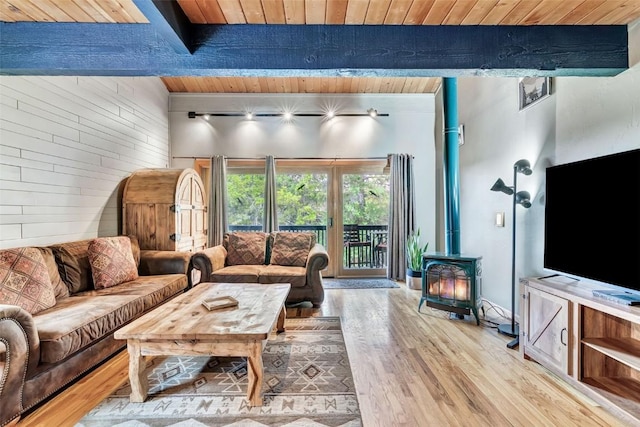 2615 Apres Ski Way Unit B1, Steamboat Springs, CO 80487 - living room with wooden ceiling with exposed beams, a wood stove, wood finished floors, and wooden walls