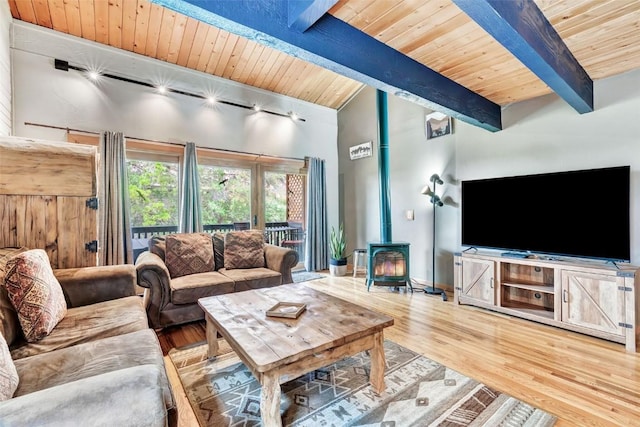 2615 Apres Ski Way Unit B1, Steamboat Springs, CO 80487 - living area with wood ceiling with exposed beams, a wood stove, wood finished floors, and baseboards