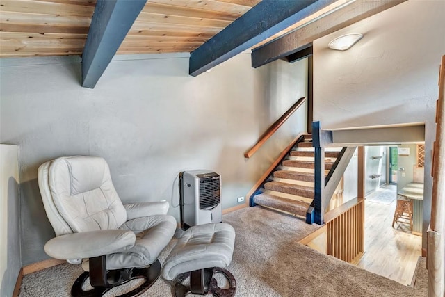 2615 Apres Ski Way Unit B1, Steamboat Springs, CO 80487 - living area with a wood ceiling with exposed beams and stairs