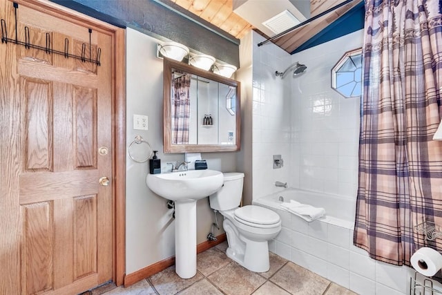 2615 Apres Ski Way Unit B1, Steamboat Springs, CO 80487 - bathroom with shower / bath combo, toilet, tile patterned flooring, baseboards, and a sink