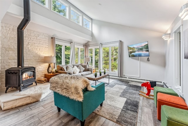 sunroom with a wood stove