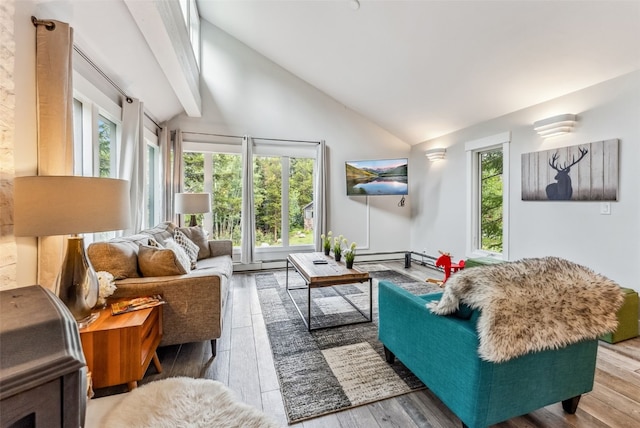 interior space with hardwood / wood-style floors, high vaulted ceiling, and a baseboard heating unit