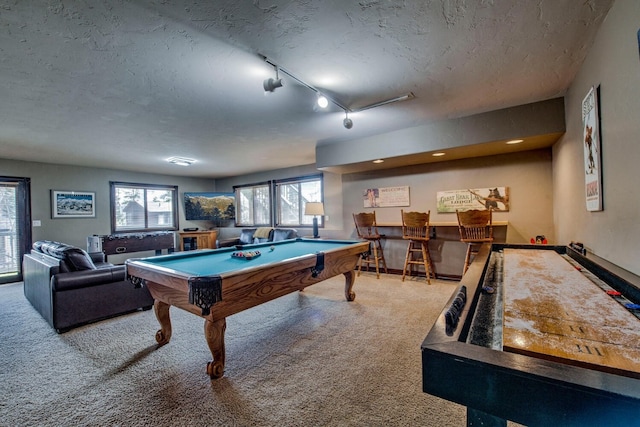 185 S Fuller Placer Rd, Breckenridge, CO 80424 - recreation room featuring carpet flooring, billiards, a textured ceiling, rail lighting, and a dry bar
