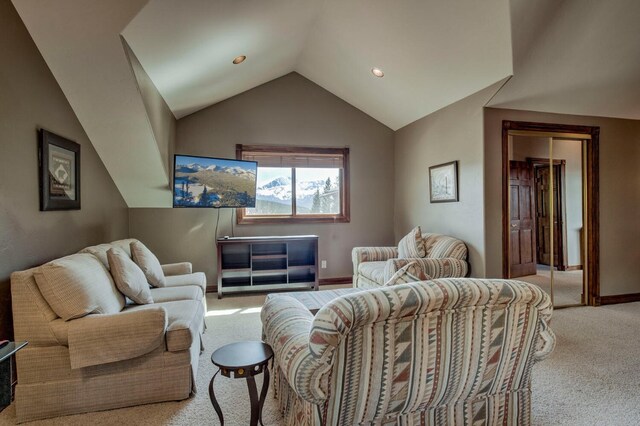 185 S Fuller Placer Rd, Breckenridge, CO 80424 - living room featuring light carpet, lofted ceiling, baseboards, and recessed lighting