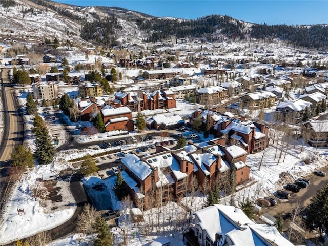 snowy aerial view featuring a mountain view