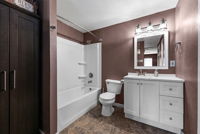 491 Valley Of The Sun Dr, Fairplay, CO 80440 - bathroom with toilet, vanity, shower / washtub combination, and baseboards