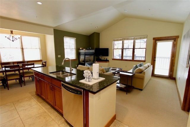 30 Union Creek Trl Bldg 2 # 201, Copper Mountain, CO 80443 - kitchen featuring lofted ceiling, dishwasher, a sink, a wealth of natural light, and light colored carpet