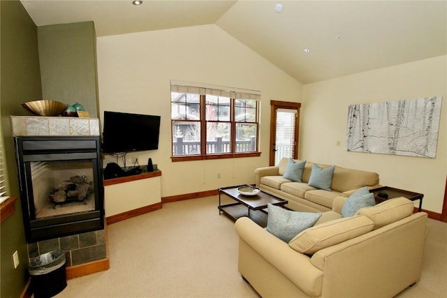 30 Union Creek Trl Bldg 2 # 201, Copper Mountain, CO 80443 - carpeted living room featuring lofted ceiling, a multi sided fireplace, and baseboards