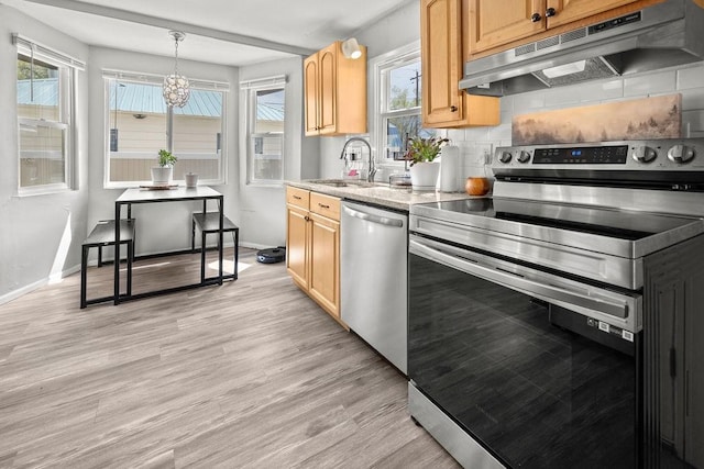 410 Washington St, Craig, CO 81625 - kitchen featuring stainless steel appliances, a sink, under cabinet range hood, a chandelier, and light wood finished floors
