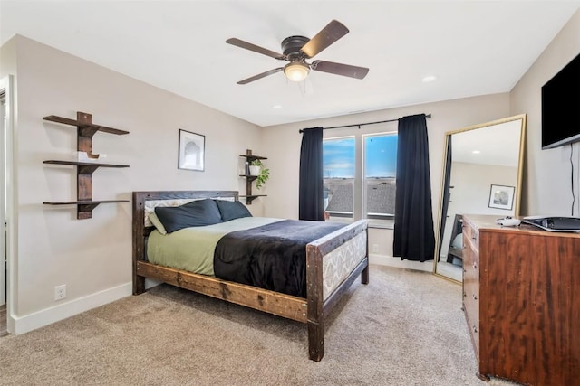 342 Lake View Rd, Hayden, CO 81639 - bedroom featuring baseboards, light carpet, a ceiling fan, and recessed lighting