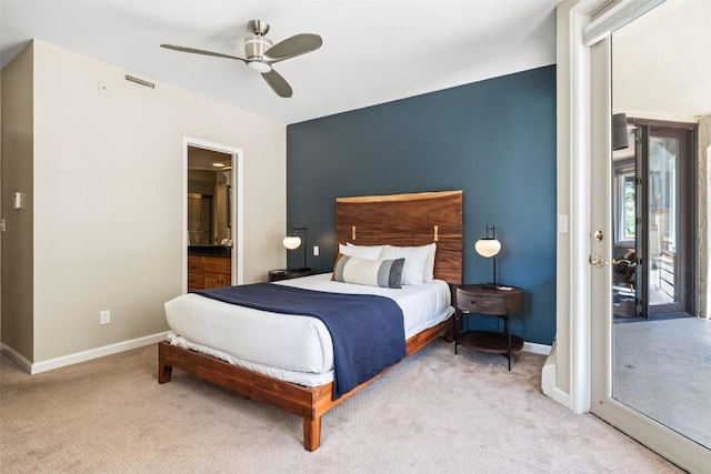2800 Eagleridge Dr Unit C1, Steamboat Springs, CO 80487 - carpeted bedroom with ensuite bath, a ceiling fan, and access to exterior