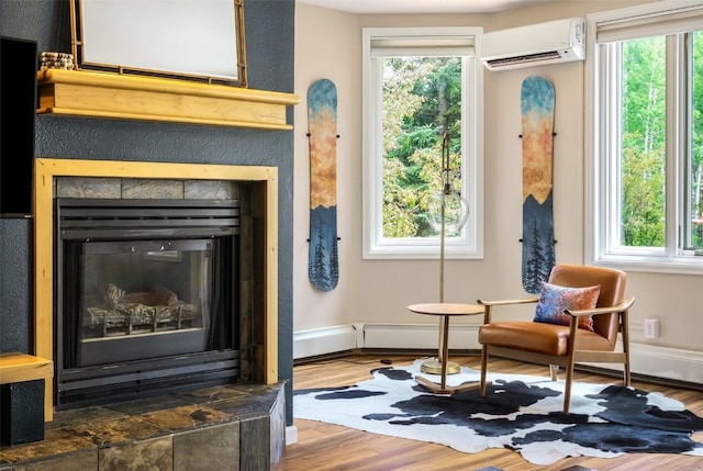 2800 Eagleridge Dr Unit C1, Steamboat Springs, CO 80487 - detailed view of a wall unit AC, wood finished floors, and a fireplace