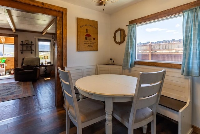 33685 State Highway 134, Toponas, CO 80479 - dining space featuring wood finished floors and beam ceiling