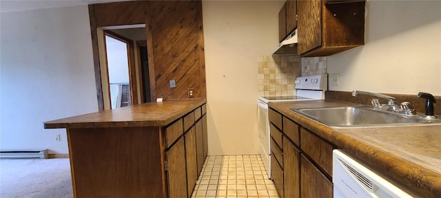 1335 Sparta Plz Unit 7, Steamboat Springs, CO 80487 - kitchen featuring white appliances, under cabinet range hood, dark countertops, a baseboard heating unit, and a peninsula