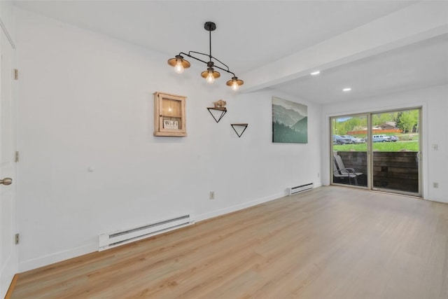 1565 Shadow Run Frontage Unit 103, Steamboat Springs, CO 80487 - spare room featuring a baseboard radiator, light wood-type flooring, baseboards, beamed ceiling, and recessed lighting