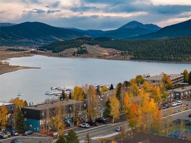 drone / aerial view featuring a view of trees and a water and mountain view