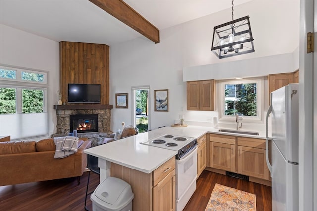 100 N Gold Flake Ter Unit A, Breckenridge, CO 80424 - kitchen featuring white appliances, open floor plan, a peninsula, dark wood finished floors, and a high ceiling