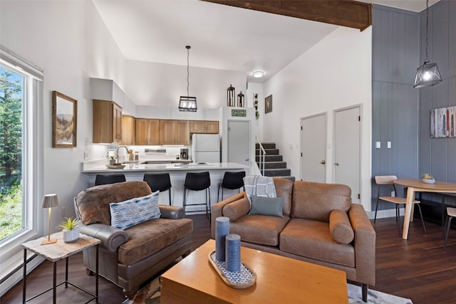 100 N Gold Flake Ter Unit A, Breckenridge, CO 80424 - living room featuring a high ceiling, dark wood-style floors, and a baseboard radiator