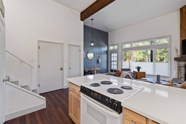 100 N Gold Flake Ter Unit A, Breckenridge, CO 80424 - kitchen featuring electric stove, dark wood-type flooring, a high ceiling, beam ceiling, and light countertops