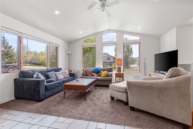 27358 Brandon Cir, Steamboat Springs, CO 80487 - living area with vaulted ceiling, light tile patterned flooring, a ceiling fan, recessed lighting, and baseboards