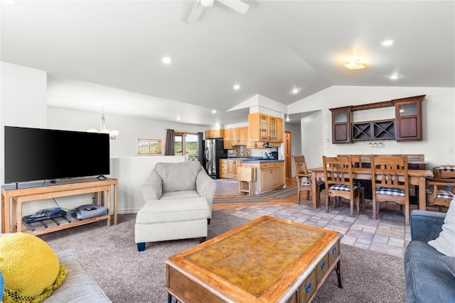 27358 Brandon Cir, Steamboat Springs, CO 80487 - living area featuring lofted ceiling, recessed lighting, a chandelier, and a ceiling fan