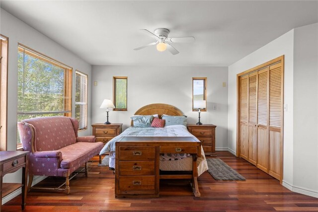 27358 Brandon Cir, Steamboat Springs, CO 80487 - bedroom featuring dark wood-style floors, a closet, baseboards, and ceiling fan