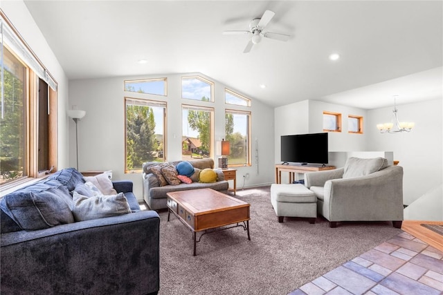 27358 Brandon Cir, Steamboat Springs, CO 80487 - living room featuring a chandelier, vaulted ceiling, recessed lighting, a ceiling fan, and stone tile flooring
