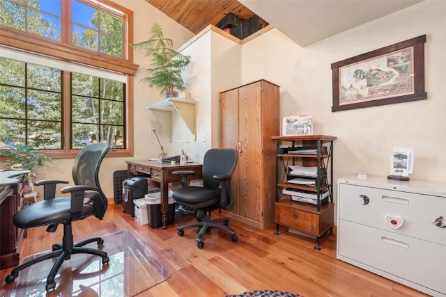 27125 Moonlight Way, Steamboat Springs, CO 80487 - office area with light wood finished floors, wooden ceiling, and vaulted ceiling