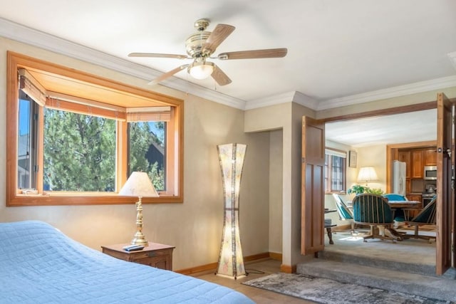 27125 Moonlight Way, Steamboat Springs, CO 80487 - bedroom featuring white refrigerator with ice dispenser and ornamental molding