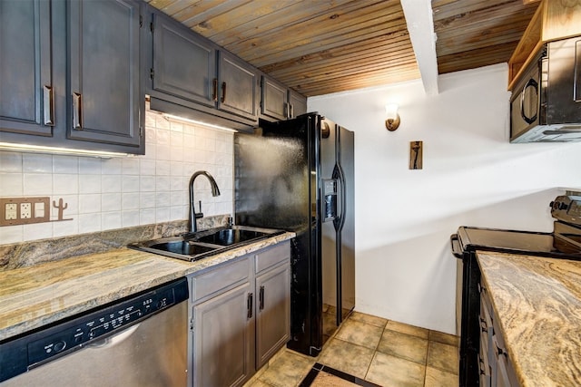 7031 Ryan Gulch Rd Unit 301, Silverthorne, CO 80498 - kitchen featuring black appliances, wood ceiling, tasteful backsplash, and light countertops