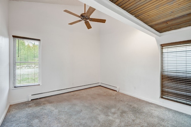 7031 Ryan Gulch Rd Unit 301, Silverthorne, CO 80498 - carpeted spare room with a baseboard radiator, lofted ceiling, ceiling fan, and wooden ceiling