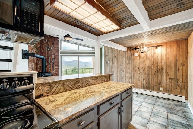 7031 Ryan Gulch Rd Unit 301, Silverthorne, CO 80498 - kitchen with wood walls, a baseboard radiator, black appliances, a wooden ceiling with exposed beams, and a wood stove