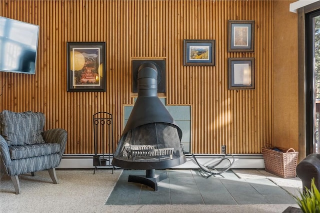 1140 Ski Hill Rd Unit 25, Breckenridge, CO 80424 - sitting room featuring a wood stove and wood walls
