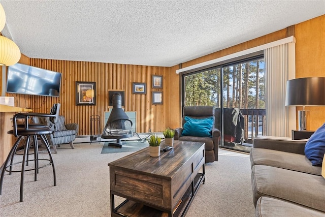 1140 Ski Hill Rd Unit 25, Breckenridge, CO 80424 - carpeted living area featuring a textured ceiling, a wood stove, and wooden walls