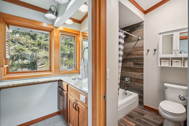 530 Tennis Club Rd Unit 1328, Keystone, CO 80435 - bathroom with shower / bath combo, wood finished floors, vanity, baseboards, and toilet