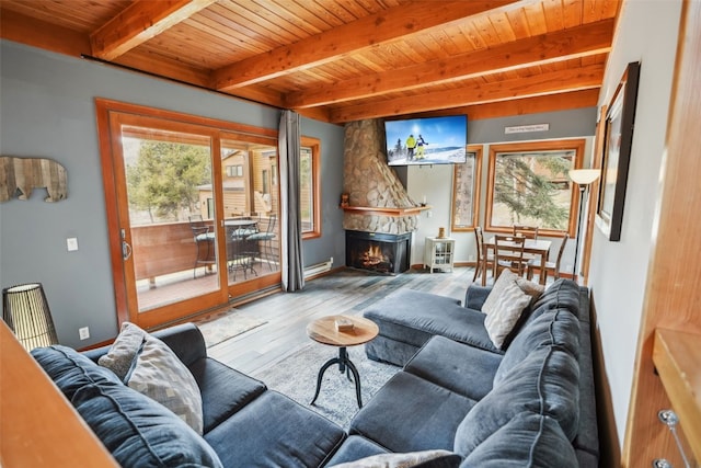 530 Tennis Club Rd Unit 1328, Keystone, CO 80435 - living area with a fireplace, beam ceiling, wood ceiling, and wood finished floors
